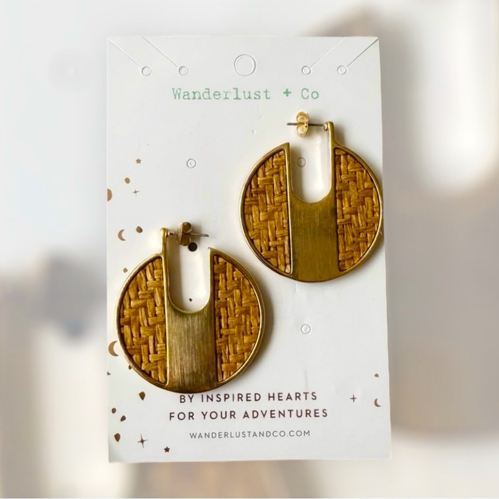 Wanderlust + Co Gold and Tan Woven Hoop Earrings